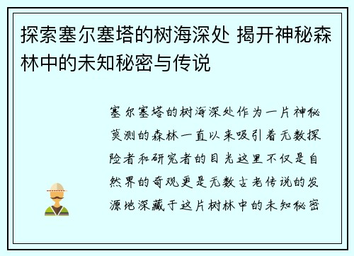 探索塞尔塞塔的树海深处 揭开神秘森林中的未知秘密与传说